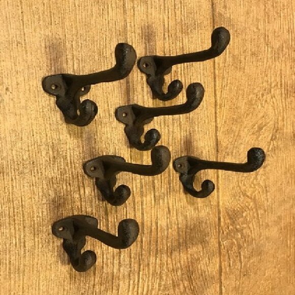 Two (2) Cast Iron Rustic Brown 2 3/4" tall Double Wall Hooks Two (2) 0170-01202 - Picture 5 of 15